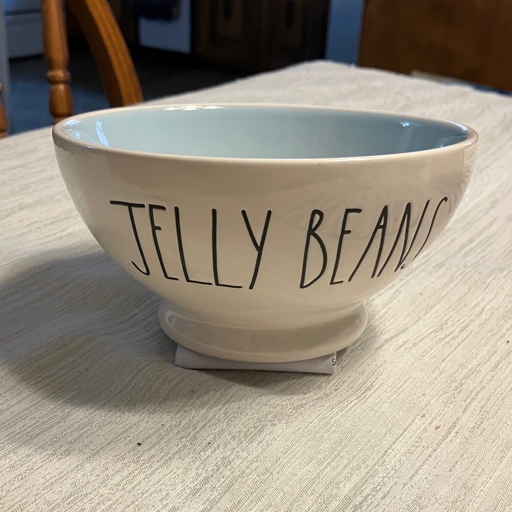 Rae Dunn White Ceramic "JELLY BEANS" Bowl with Pale Blue Interior